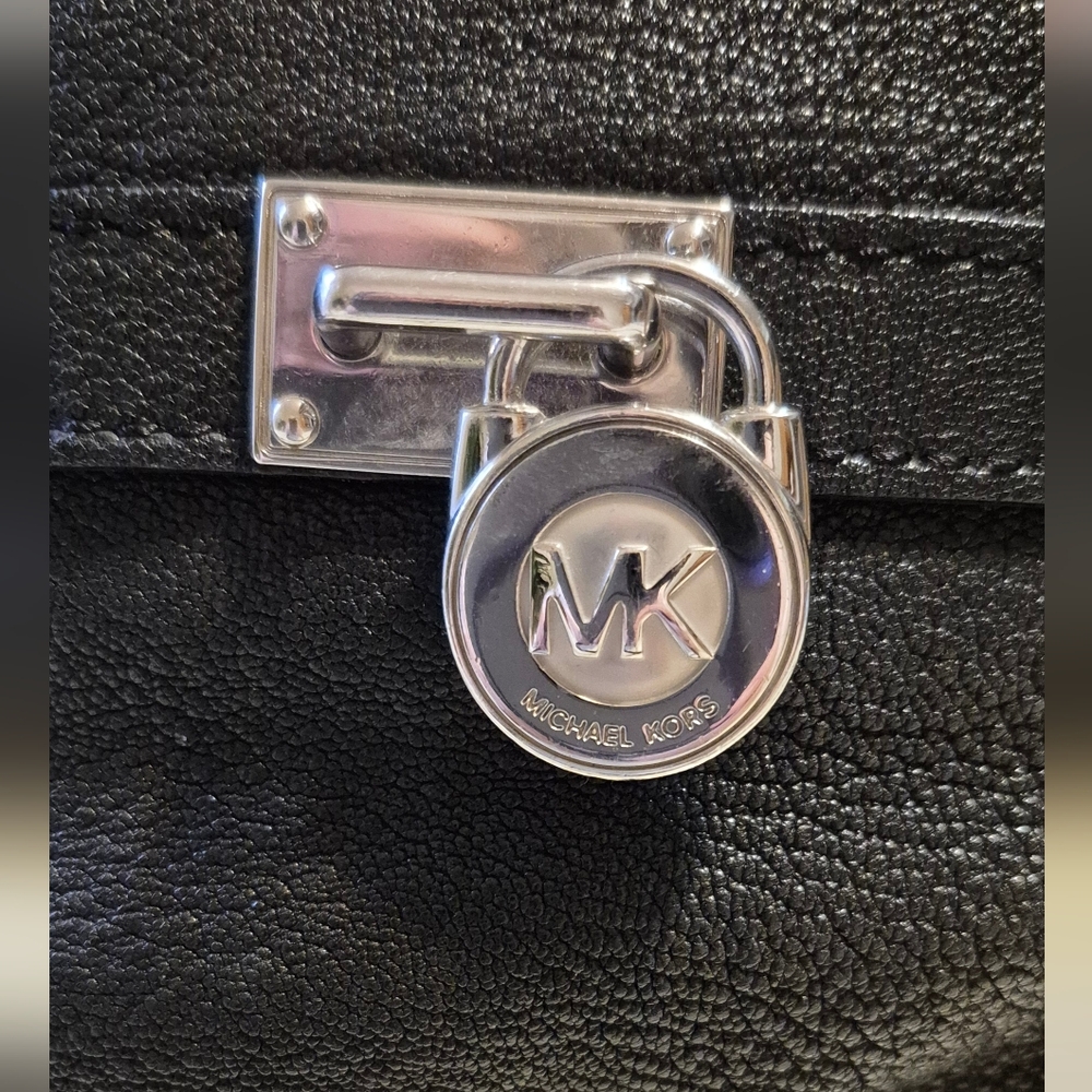 Michael Kors Black Pebbled Leather Handbag with Silver MK Charm